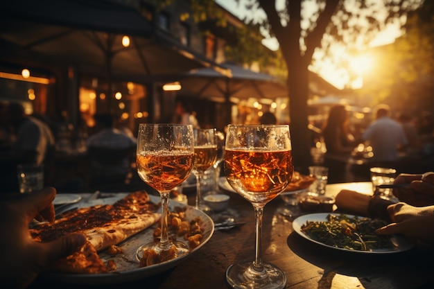 vrienden vieren samen toasten tijdens buiten dineren