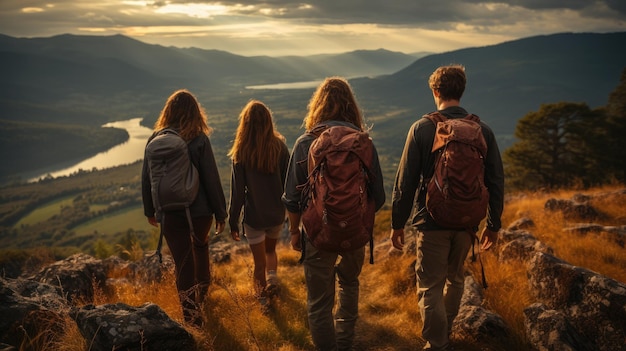 Vrienden wandelen door een schilderachtig parcours in de bergen