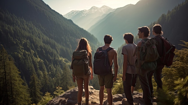 Vrienden wandelen door een schilderachtig parcours in de bergen