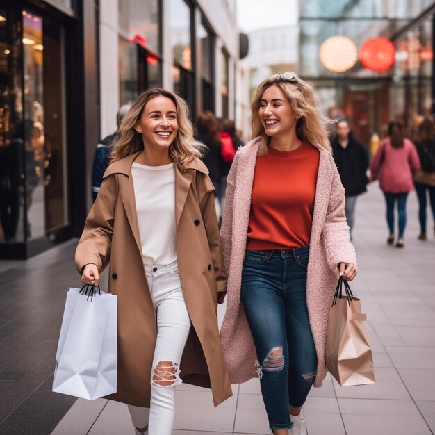 vrienden zijn gelukkig winkelen lopen in de buurt van winkelcentra