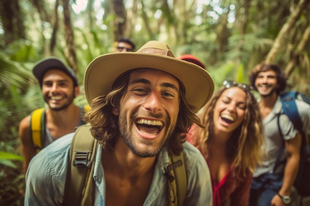 Vriendengroep lachend tijdens een excursie door de door Ai gegenereerde jungle