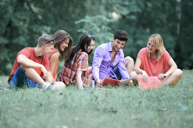 Vriendenstudenten die zich voorbereiden op het examen zittend op het grasveld in het park