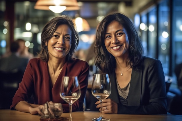 Vriendinnen die toasten met wijn in het restaurant Generatieve AI