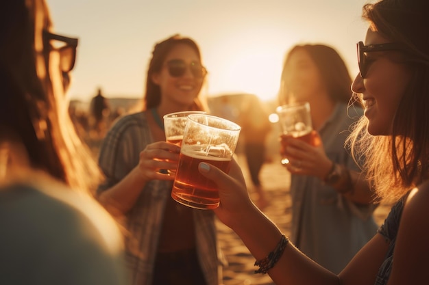 Vriendinnen juichen met bier op het zomerstrandfeest van het muziekfestival