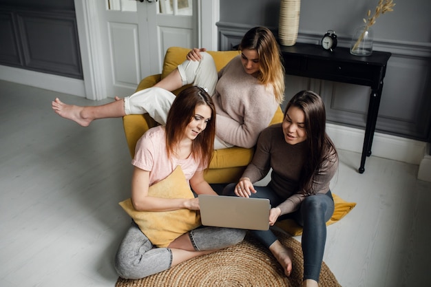 Vriendinnenstudenten doen thuis samen taken op een laptop