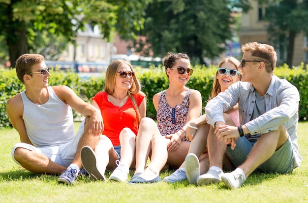 vriendschap, vrije tijd, zomer en mensenconcept - groep glimlachende vrienden die in openlucht op gras in park zitten