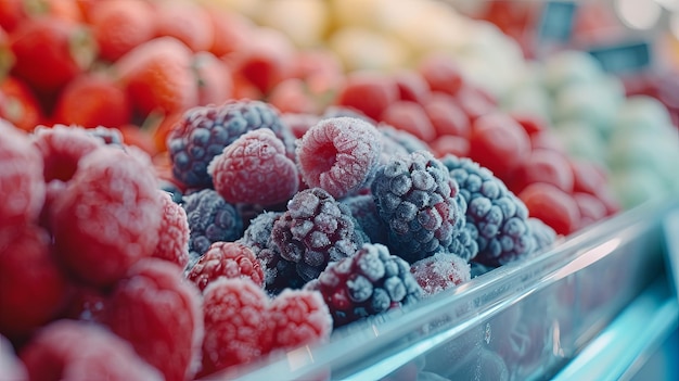 Vriesvruchten en bessen op de vitrine van de supermarkt Achtergrondconcept