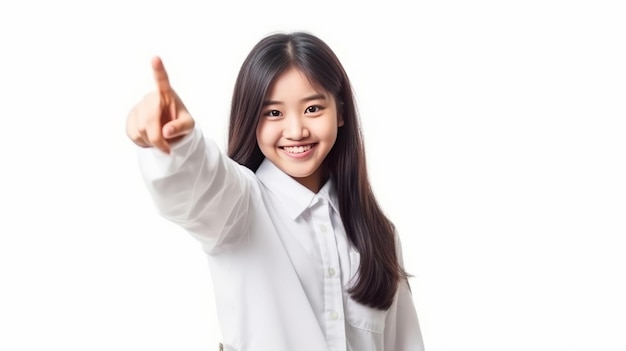 vrij Aziatisch studentenmeisje in schooluniform die met de vinger omhoog wijst