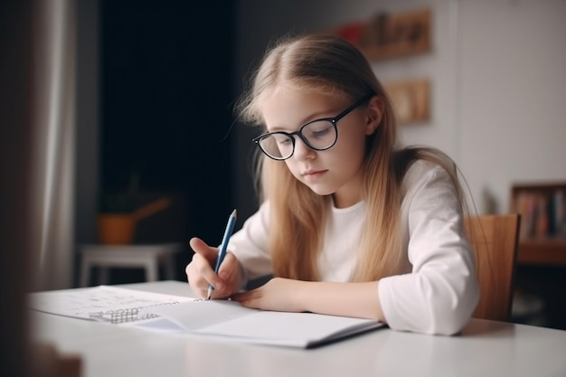 Vrij modieus schoolmeisje dat huiswerkwiskunde bestudeert tijdens haar online les thuis sociale afstand d