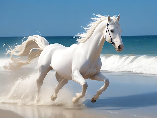 Vrije afbeelding van een wit paard dat op het strand loopt