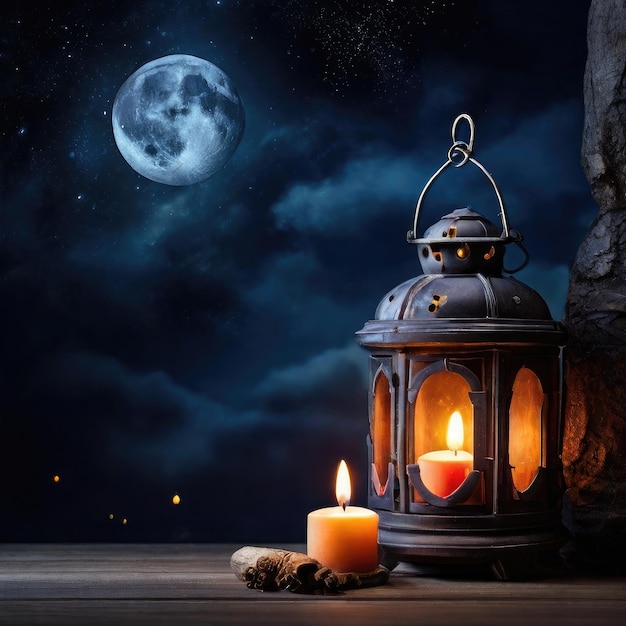vrije lantaarn met brandende kaars en nachtelijke hemel met afnemende halve maan op de achtergrond
