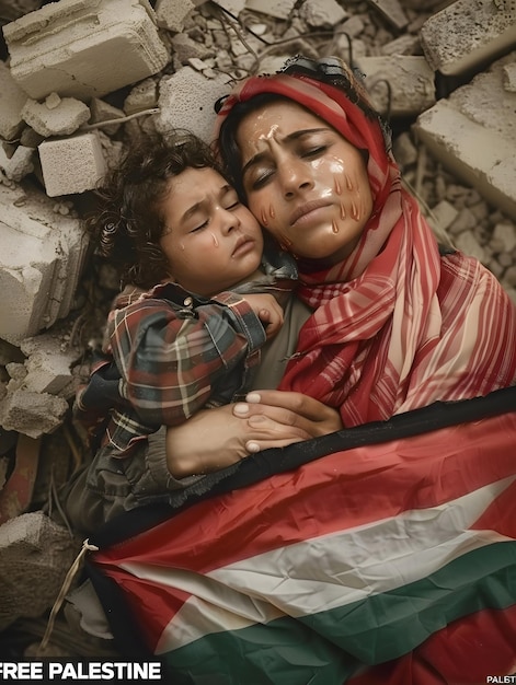 Vrije Palestina Red Gaza Moeder omhelst kind in Palestijnse vlag huilend om vrijheid