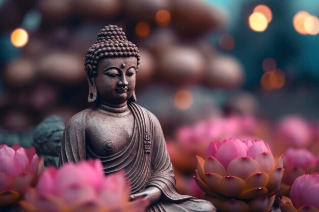 Vrije tijd en ontspanning meditatie concept met boeddha gouden beeldje in spa AI gegenereerd