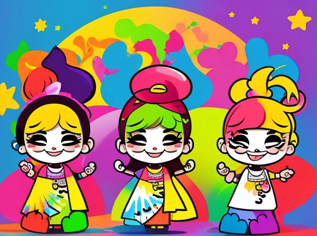 Vrije vector hand tekenen leuke personages vieren kleurrijke holi kaart achtergrond