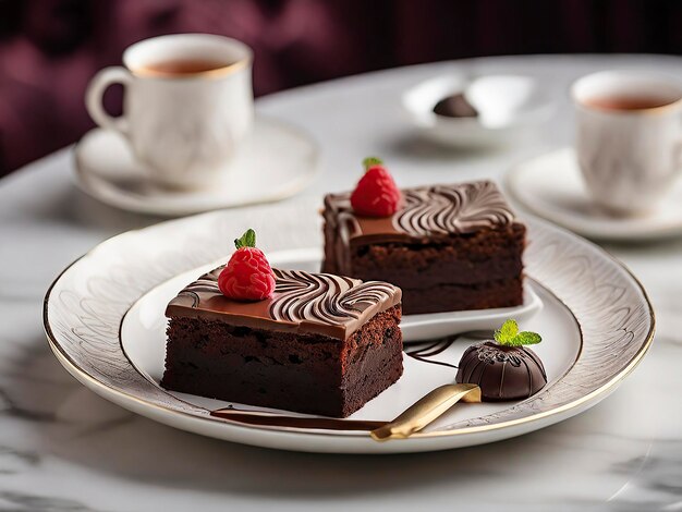 Vrije voorkant van heerlijke taart met kopieerruimte stuk chocoladetaart versierd met aardbeien