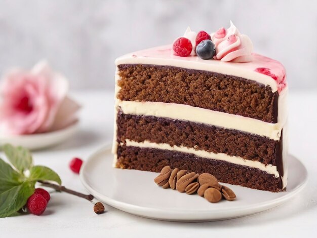 Vrije voorkant van heerlijke taart met kopieerruimte stuk chocoladetaart versierd met aardbeien