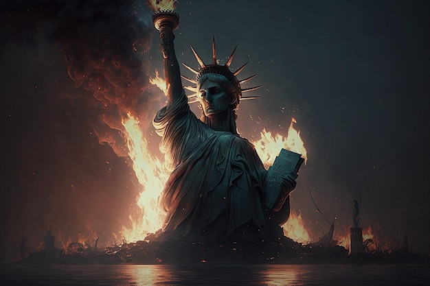 Vrijheidsbeeld branden in New York City illustratie generatieve ai