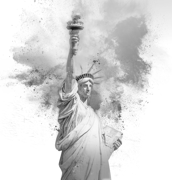 Vrijheidsbeeld met holi verfpoeder explosie geïsoleerd op witte achtergrond