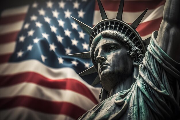 Vrijheidsbeeld op de achtergrond van de Amerikaanse vlag Democratie en vrijheidsconcept Neuraal netwerk AI gegenereerde kunst