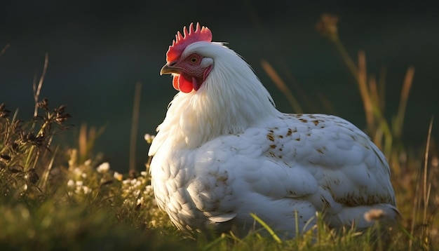 Vrijlopende hanen grazen in een groene weide gegenereerd door AI