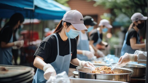 Vrijwilligers die eten serveren bij een evenement in de open lucht