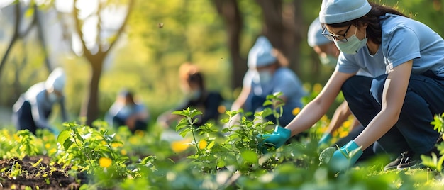 Vrijwilligers die groene ruimtes bewerken voor wellness Concept Tuinieren Gemeenschap Vrijwilligerswerk Groene ruimtes Wellness