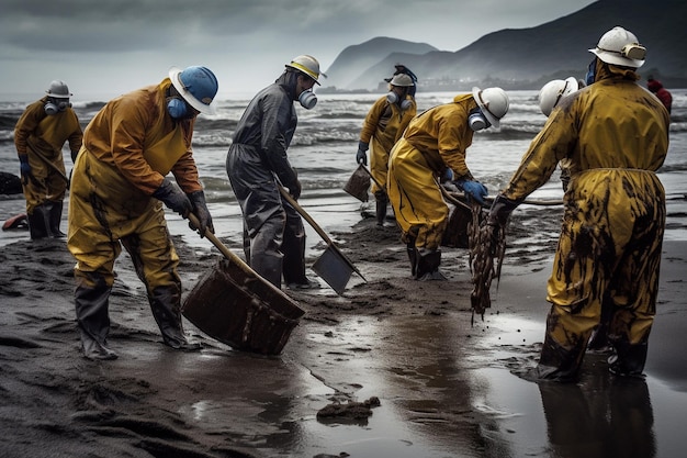 Vrijwilligers die olie van een strand schoonmaken