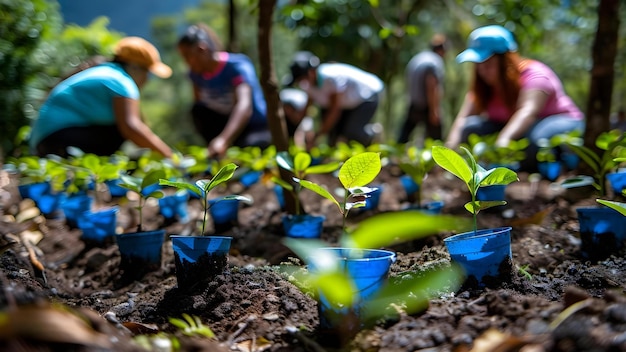 Vrijwilligers planten bomen in ontboste gebieden om hun toewijding aan duurzame klimaatpraktijken te tonen Concept Bomen planten Ontbossing Vrijwilligerswerk Klimaatverandering Milieubescherming