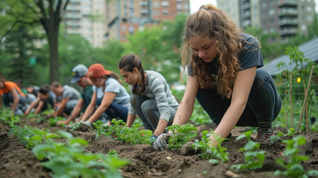 Vrijwilligers planten in een gemeenschappelijke tuin in een stedelijke omgeving