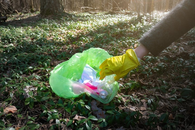 Vrijwilligers ruimen het afval in het park op. Plastic fles rond de bomen in het bos. Puin, plastic afval. Milieuvervuiling. Ecologisch probleemconcept. Stop afval en rommel op de natuur.