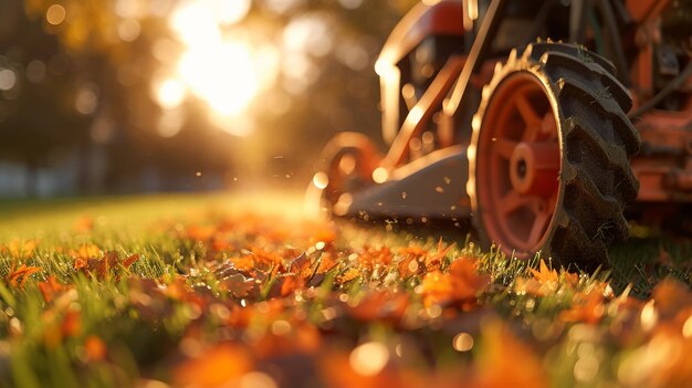 Vroeg in de ochtend gazonverzorging met een grasmaaier die door vers groen gras snijdt