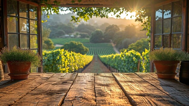 Foto vroeg licht en een lege houten bank met uitzicht op een wijngaard door een open venster xaxa