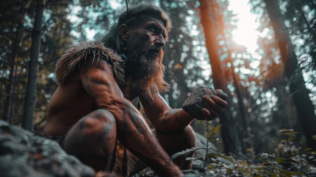 Foto vroege holbewoner met dierlijke huid houdt steenhamer vast en kijkt rond in het prehistorische bos neanderthaler gaat jagen in de jungle dramatische lage hoek opname met steen hamer