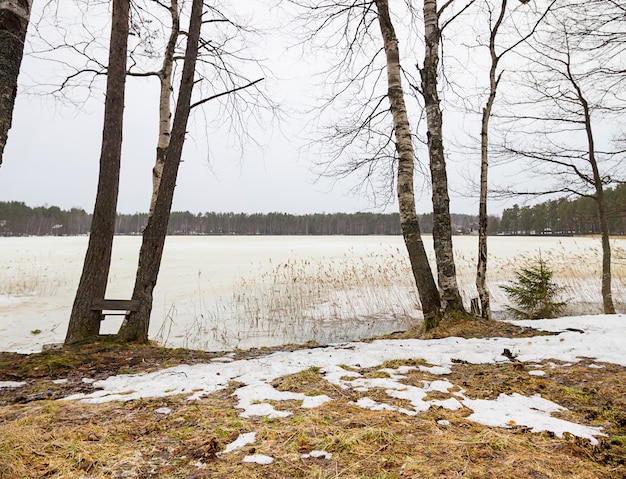 Foto vroege lente met smeltend ijs en sneeuw