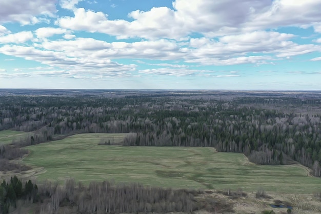 vroege lente veld bovenaanzicht drone, abstracte landschapsvlucht