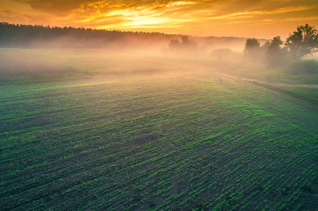 Vroege mistige ochtend Zonsopgang op het platteland Luchtfoto van het platteland in de herfst