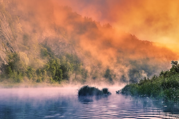 Vroege ochtend in het rivierecosysteem, de wilde natuur van Rusland, de dageraad schilderde de heldere kleur van de ochtendmist.