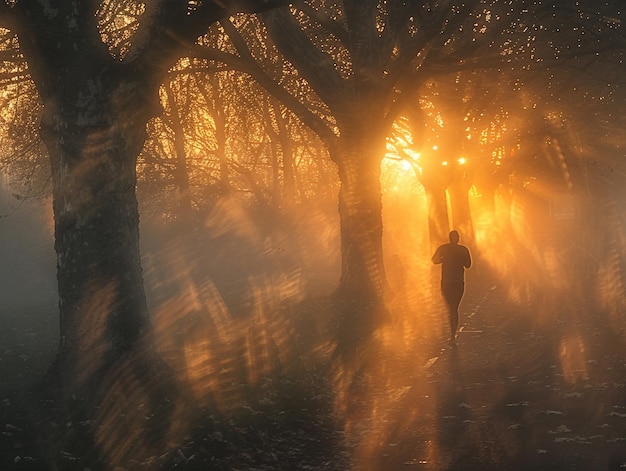 Vroege ochtend joggers silhouet tegen een mistig park zonsopgang een hardlopers beweging vervaagt in de dageraad