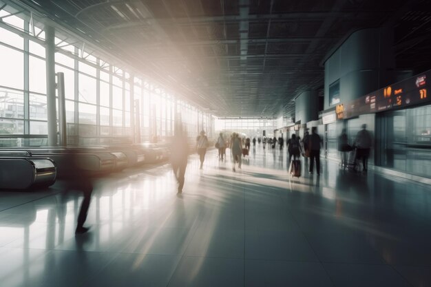 Vroege passagiers navigeren door luchthaven of treinstation AI Gegenereerde inhoud