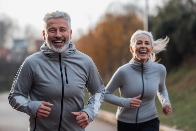 Vrolijk grijsharig stel in sportkleding joggend in het park dat geluk uitstraalt