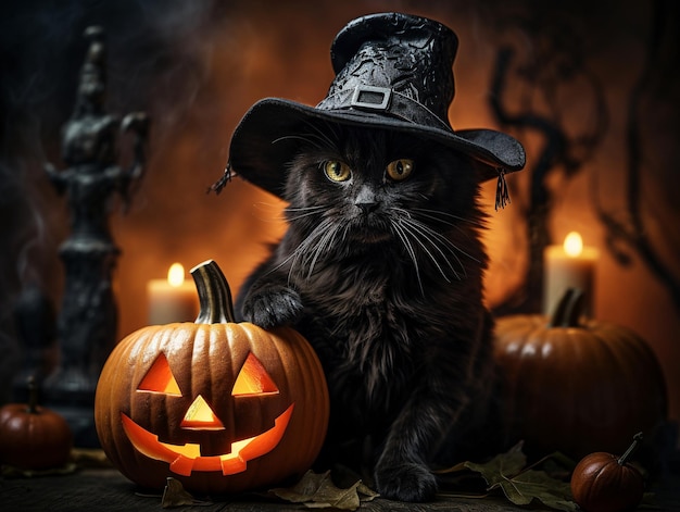 vrolijk halloween met zwarte kat en jack o lantern poster