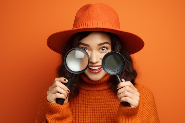 Vrolijk jong meisje in trui en hoed kijkend naar de camera met vergrootglas over oranje