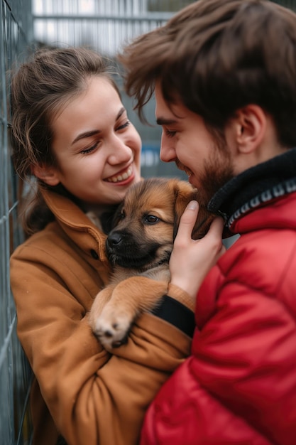 Vrolijk jong stel dat een moment deelt met een nieuw geadopteerde puppy in het hondenasiel