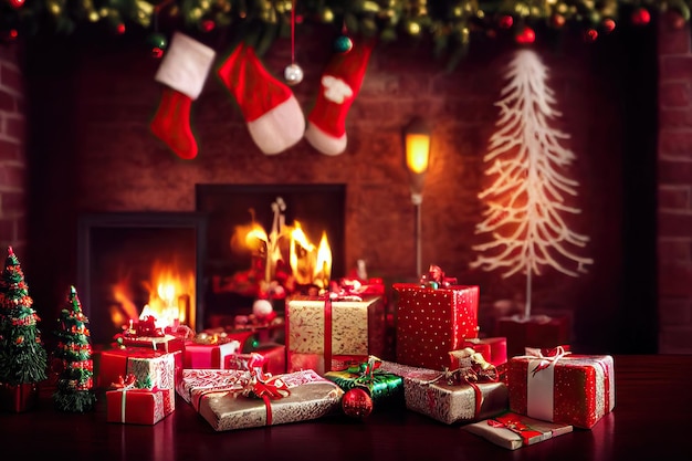 Vrolijk kerstfeest achtergrond met cadeau naast kerstboom in ingerichte kamer met open haard Digitale afbeelding