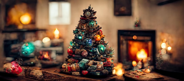 Vrolijk kerstfeest achtergrond met cadeau naast kerstboom in ingerichte kamer met open haard Digitale afbeelding