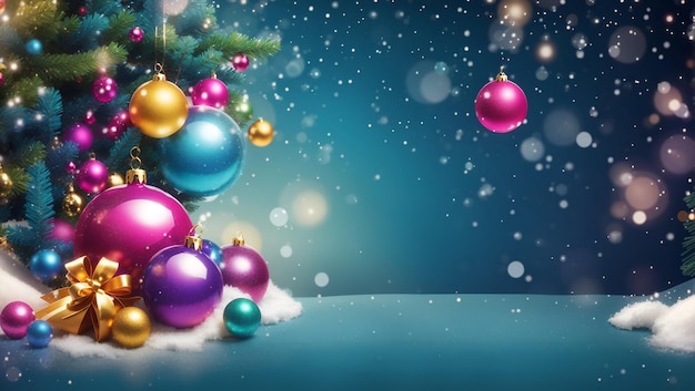 Vrolijk kerstfeest achtergrondontwerp met verschillende kleurrijke lichten ballen geschenkdoos en kerstboom