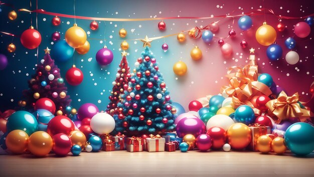 Foto vrolijk kerstfeest achtergrondontwerp met verschillende kleurrijke lichten ballen geschenkdoos en kerstboom