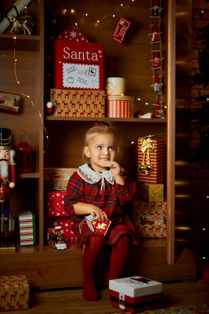 Vrolijk kerstfeest en een gelukkig feest een klein meisje in een geruite jurk