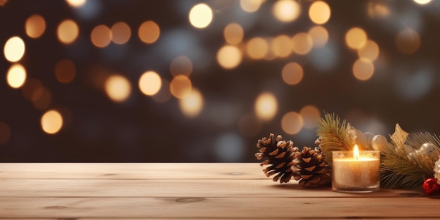 Vrolijk Kerstfeest en Gelukkig Nieuwjaar achtergrond met lege houten tafel over kerstboom en wazig licht bokeh Leeg display voor productplaatsing Rustic vintage Xmas 2024 achtergrond aantrekkelijkheid