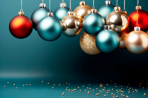 Foto vrolijk kerstfeest en gelukkig nieuwjaar achtergrond realistische gouden en blauwe bonbons sneeuwvlokken hangen op een donkerblauwe achtergrond generatieve ai generatieve ai ai creëerde ai generatie